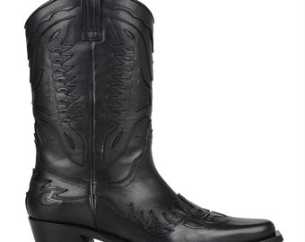 FootCourt- Black Genuine Leather Womens Cowboy Boots Pointed Toe Mid Calf Boots Handmade Women Shoes Cowgirl Boots New Season