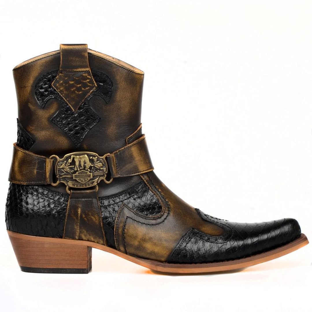 FootCourt Brown Leather Western Ankle Boots with Harness main image 1