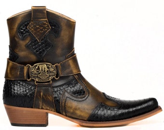 FootCourt- Brown Cowboy Ankle Boots For Men Black Snake Printed Genuine Cow Leather Pointed Toe Side Zipper Harness Buckle Texas