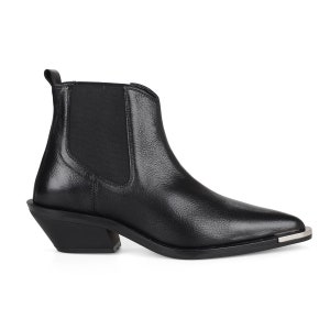 FootCourt- Women Chelsea Western Boots in Black Leather Spring Booties Thick Heels Metal Decoration Autumn Women Shoes Handmade
