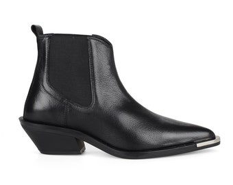 FootCourt- Women Chelsea Western Boots in Black Leather Spring Booties Thick Heels Metal Decoration Autumn Women Shoes Handmade