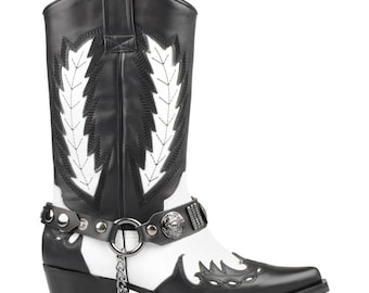 FootCourt- Black White Genuine Leather Women Boots Pointed Toe Western Cowboy Boots Lady Mid Calf Boots Handmade