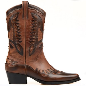 FootCourt- Brown Genuine Leather Cowboy Boots Handmade Women Vintage Boots Wedge Spring Autumn Shoes Woman Fashion Ladies Casual