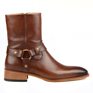 Botas Chelsea vintage FootCourt para hombre, color marrón, de piel auténtica, con cremallera, estilo informal, con hebilla y correa, hechas a mano