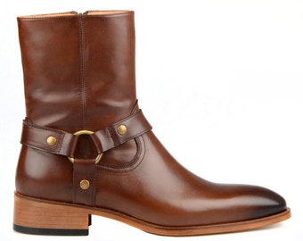 FootCourt Vintage Men Brown Chelsea Boots Genuine Leather Men Ankle Boots Zipper Casual Buckle Strap Shoes Sapato Botas Handmade