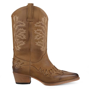 FootCourt - Botas vaqueras de piel auténtica color canela para mujer, botas vaqueras de lujo a la moda, botas de media caña, zapatos vaqueros bordados