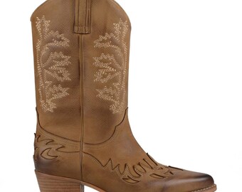 FootCourt- Tan Echtleder Cowboy Stiefel Damen Mode Luxus Cowgirl Stil Stiefel Mid-Calf Boots Bestickte Western-Schuhe