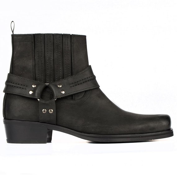 Footcourt Black Genuine Oiled Leather Cowboy Boots Men Biker Boots Ankle Boots Broad Square Toe Motorcycle Boots Elastic Sides Etsy Ireland