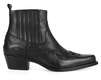 FootCourt Black Cowboy Ankle Boots Women Western Motorcycle Boots Best Biker Boots Genuine Leather Pointed Toe Embroidered Boots