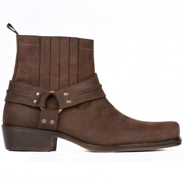 FootCourt Brown Leather Western Ankle Boots with Harness