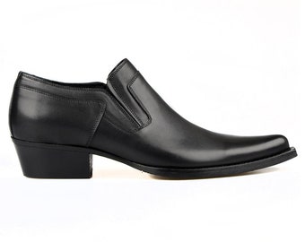 FootCourt – Schwarze Cowboy-Schuhe für Herren, echtes Leder, Western-Stil, spitze Zehen, Retro-Schuhe, Reitschuhe, zeitgenössisches Modell, neu