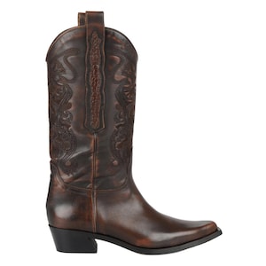 FootCourt- Brown Cowboy Boots Genuine Leather Knee High Boots Western Girls Medium Height Heels Shoes Women Boots Lady Handcraft