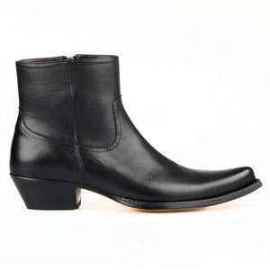 FootCourt Classic Western Cowboy Boots For Men Zipper Pointed Toe Gentlemen&#39;s Top Cut Boots Increased Height Leather Soles Retro