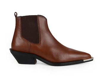 FootCourt- Women Chelsea Western Boots in Brown Leather Spring Booties Thick Heels Metal Decoration Autumn Women Shoes Handmade