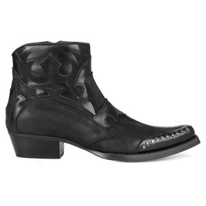 FootCourt- Black Western Ankle Boots with Zipper Genuine Leather Rivets Cowboy Boots For Men Pointed Toe Stage Shoes for Shows