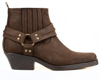 Botas vaqueras FootCourt de piel auténtica engrasada marrón para mujer, botas de motociclista estilo western con punta cuadrada y laterales elásticos.