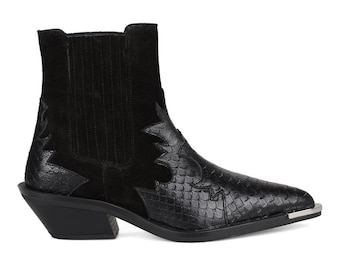 FootCourt Black Western Women Texas Cowboy Ankle Boots Snake Printed Genuine Leather Metal Decoration Pointed Toe New Season