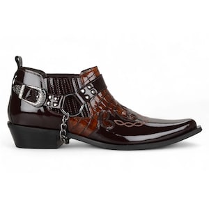 FootCourt Herren Cowboy-Stiefel Braun Lack Echtleder Neue Kollektion Spitzschuh Reitstiefel Kurze Stiefel Handmade Zeitgenössische Modell