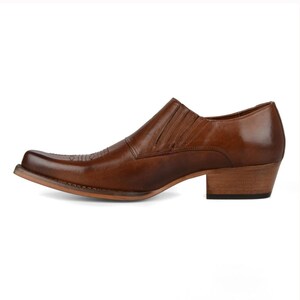 FootCourt- Tan Cowboy Shoes Western Embroidered Boots Genuine Leather Pointed Toe High Heel Men Shoes Elastic Side Handcrafted image 5