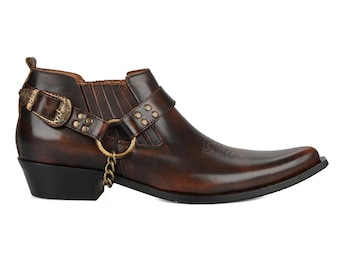 FootCourt- Brown Men Cowboy Ankle Boots New Western Heels Elastic Sides Removable Buckle Designer Shoes Handcraft Made in Turkey