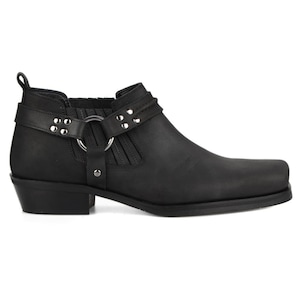 FootCourt- Black Cowboy Shoes Vintage Men Biker Leather Riding Motorcycle Shoes Street Racing Breathable Handmade New Collection