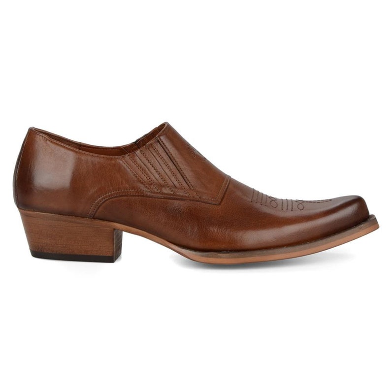 FootCourt Tan Cowboy Schuhe Western Bestickte Stiefel aus echtem Leder Spitz High Heel Herrenschuhe Elastische Seite Handgefertigt Bild 1