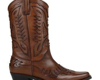 FootCourt- Brown Genuine Leather Womens Cowboy Boots Pointed Toe Mid Calf Handmade New Women Shoes Best Cowgirl Boots New Season