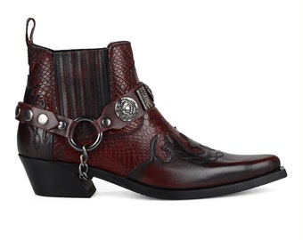 FootCourt- Burgundy Color Women Western Ankle Boots Claret Red Genuine Leather Cowgirl Boots Cowboy Boots Snake Printed Leather