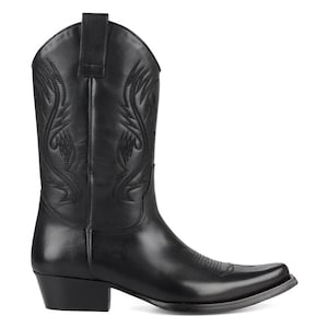 FootCourt- Black Western Men Boots Genuine Leather Pointed Toe Retro Shoes Best Classic Cowboy Boots Embroidered Leather Lining