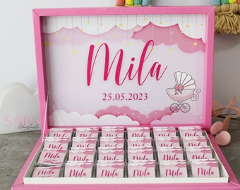 Scatola di cioccolatini personalizzata con diversi motivi, baby shower, nascita, regali per gli ospiti, neonato