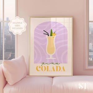 Plakat z koktajlem Pina Colada, Tropikalny napój na ścianę, Wydruk w stylu retro do baru, Letni wystrój kuchni, Pobieranie cyfrowe ananasa i kokosa, Vintage