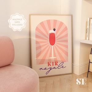 Póster de cóctel Kir Royale, arte mural retro para bar, impresión de champán rosado, decoración de cocina, descarga digital, estilo de mediados de siglo, ambiente vintage