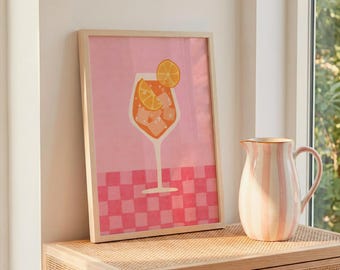 Aperol Spritz Poster Pink Kitchen Wall Art, Orange Cocktail Print, Summer Bar Cart Decor