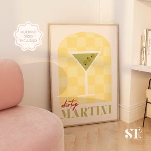 Arte mural imprimible de Martini sucio, póster digital de cóctel para carrito de bar o decoración de cocina, ilustración de bebida retro, descarga de arte verde oliva