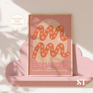 Aquarius Zodiac Printable Wall Art, Pink Astrology Poster, Boho Star Sign Digital Download, Aquarius Gift for Her, Horoscope Decor