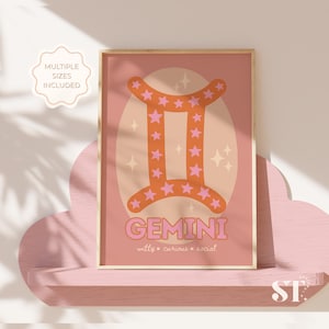 Gemini Zodiac Printable Wall Art, Pink Astrology Poster, Boho Star Sign Digital Download, Gemini Gift for Her, Horoscope Decor