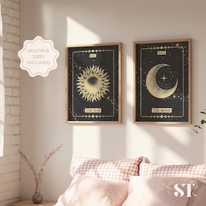 2er-Set Poster Sonne Mond Tarot Karte Print at Home Dekor druckbare Galerie Wandkunst digitaler Download Poster Wohnheim Dekor neues Zuhause Geschenk schwarz