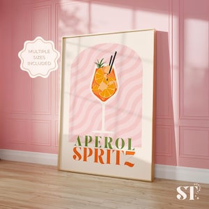 Póster de Aperol Spritz para pared, póster digital de cóctel para decorar la cocina o el bar, impresión retro de bebida, descarga instantánea.