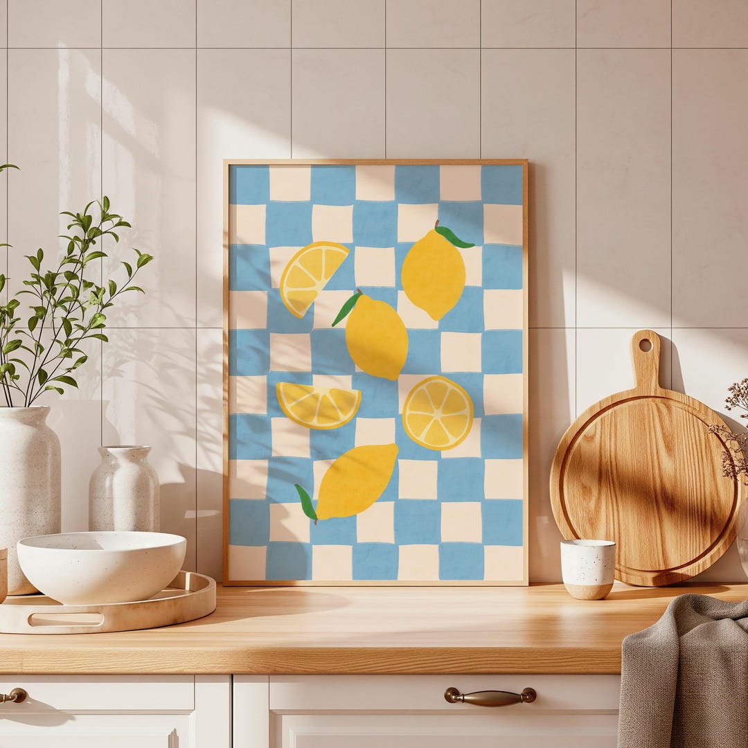 Lemon Kitchen Wall Art Printable, Blue Gingham Farmhouse Print, Coastal ...