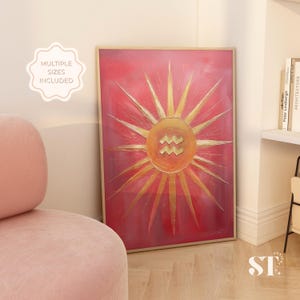 Aquarius Zodiac Digital Print, Pink & Gold Sun Astrology Wall Art, Aquarius Star Sign Nursery Decor, Celestial Printable Poster Download