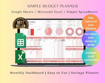 May include: A laptop screen displaying a simple budget planner spreadsheet. The screen shows financial data with charts and tables, including income, expenses, and savings. Text on the screen includes "Simple Budget Planner" and "Monthly Dashboard".
