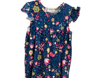 Navy Love Birds Dress, Short Sleeve Round Neck Dress, Cotton / Spandex Girls Dress, Casual Dress for Girls, Gift for Her, 2T-7Y