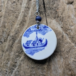 Handmade upcycled vintage willoware plate pendant necklace combined with stainless steel chain.