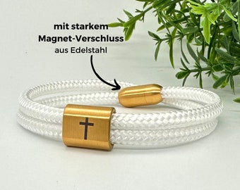 Personalisiertes Geschenk zur Konfirmation Firmung Jugendweihe, Armband mit Symbolen Kreuz Fisch, Kinderarmband mit Magnetverschluss
