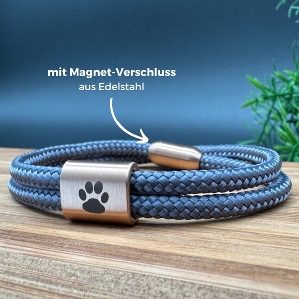 Armband mit Hundepfote, Herrenarmband und Frauenarmband, Partnerarmband mit Magnetverschluss, Segeltau Armband, personalisiertes Armband