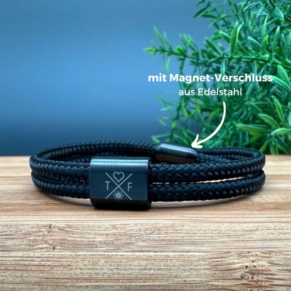 Armband für Männer, Partnerarmband mit Magnetverschluss, Segeltau Armband, personalisiertes Armband, Armband mit Gravur, All Black Armband