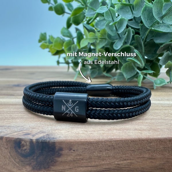 Armband für Männer, Partnerarmband mit Magnetverschluss, Segeltau Armband, personalisiertes Armband, Armband mit Gravur, All Black Armband