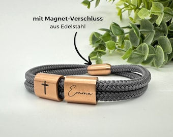 Geschenk für Erstkommunion, christliche Symbole Schmuck, Geschenkidee zur Konfirmation, Name und Fisch graviert, Armband mit Namen graviert,