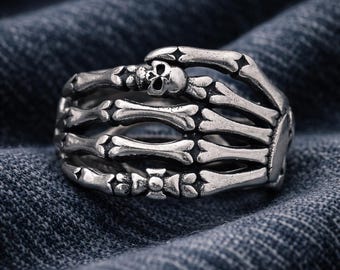 Skeleton Hand Ring, Gothic Skull, Adjustable Antique Silver, Punk Jewelry
