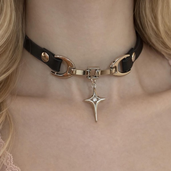 Naszyjnik typu choker z gwiazdą w stylu gotyckim, czarny, skórzany, 30-40 cm, regulowany